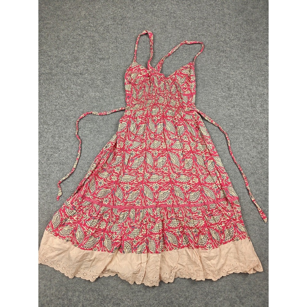 Free People Dress Womens 8 Pink Floral Cotton Smocked Sundress Midi Lace Boho - Picture 6 of 9